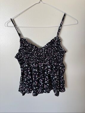 Floral Spaghetti Strap Tank Top - Black with Pink & White Flowers